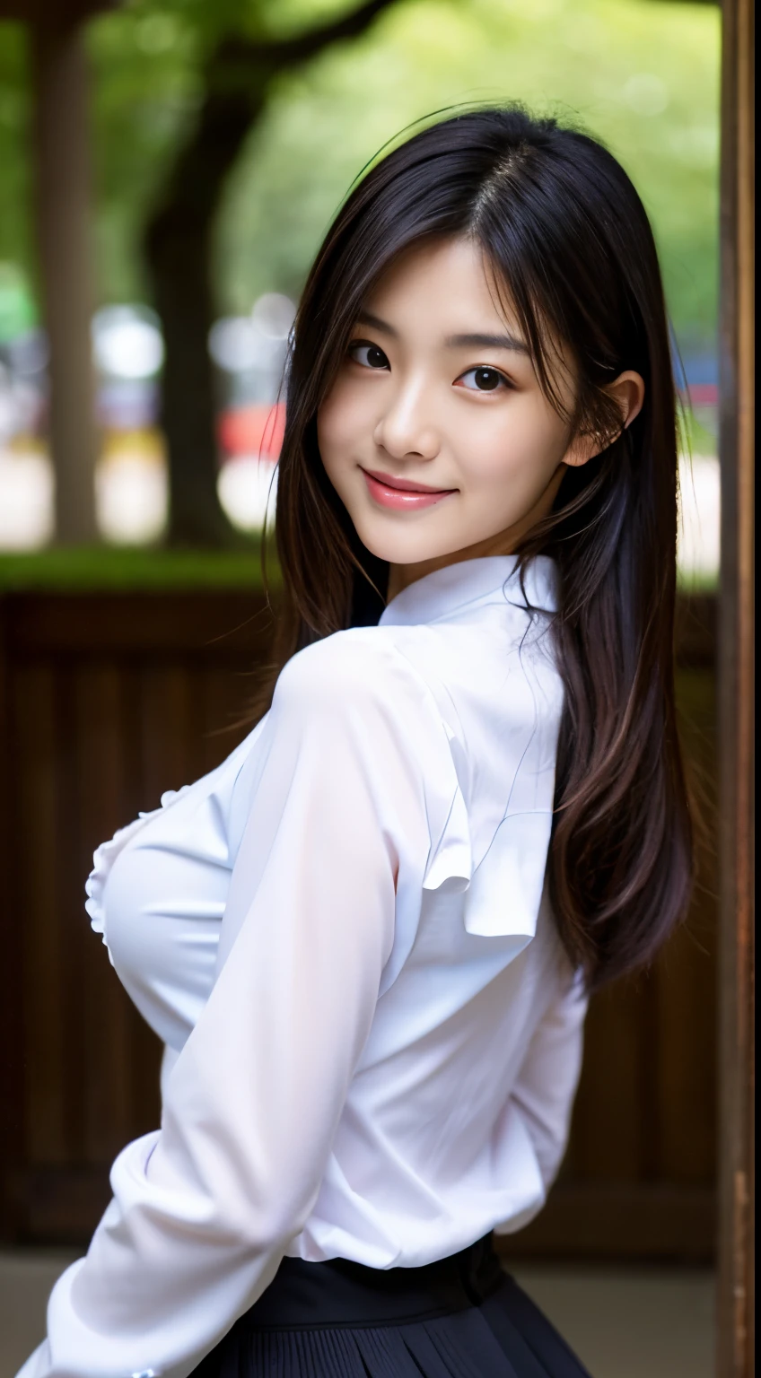 Best-quality, Masterpiece, Ultra-High-Resolution, (Photorealistic:1.4), Raw-Photo, Extremely-Details, Perfect-Anatomy, 1girl, the most famous Japanese model, cowboy-shot, upturned ass, looking at viewer, beautiful smile, wearing white long-sleeve-blouse with frills and pleated long skirt, detailed extremely beautiful face like a most popular Japanese model, detailed extremely beautiful big black solid circle eyes, detailed extremely beautiful hair, detailed extremely beautiful realistic skins, detailed extremely beautiful medium breasts, detailed extremely beautiful body, detailed extremely beautiful hip, detailed extremely beautiful thighs, detailed white long-sleeve blouse with frills, detailed pleated long skirt