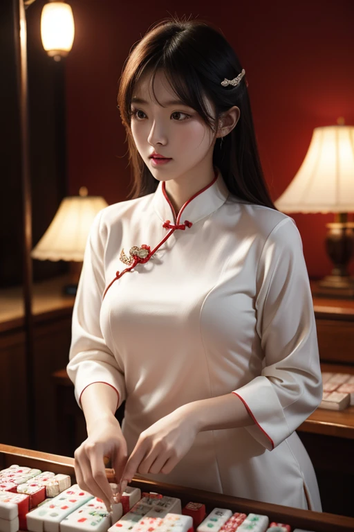 Mahjong cards、mahjong、Mahjong table、Play mahjong、On the cheongsam、(RAW photogr,Best quality),(oh oh oh, Oh really,photographyrealism:1.3),Best quality,The content is very detailed,tmasterpiece,ultra - detailed,lamplight,1 plump girl,dynamic angle,Long messy hair,Very detailed CG unified 8k wallpaper,ink,astounding,电影lamplight,lens