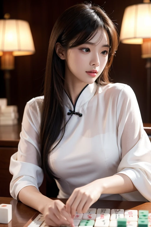 Mahjong cards、mahjong、Mahjong table、Play mahjong、On the cheongsam、（RAW photogr，Best quality），（oh oh oh, Oh really，photographyrealism：1.3），Best quality，The content is very detailed，tmasterpiece，ultra - detailed，lamplight，1 plump girl，dynamic angle，Long messy hair，Very detailed CG unified 8k wallpaper，ink，astounding，电影lamplight，lens