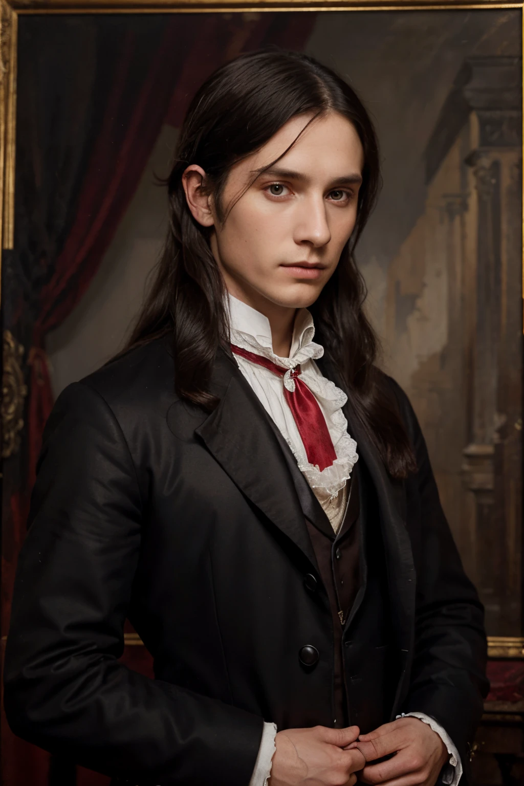 Young English nobleman, late 16th century, Long black hair with tive, tied hair, tailcoat, burgundy coat, Serious expression, portrait, oil painting