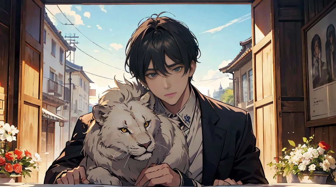 Perfect face, male zombie, black hair, collar, chain, one-eyed, sitting on an African leopard, contemplation, dark tones, two-dimensional, comics, masterpiece rich details.
