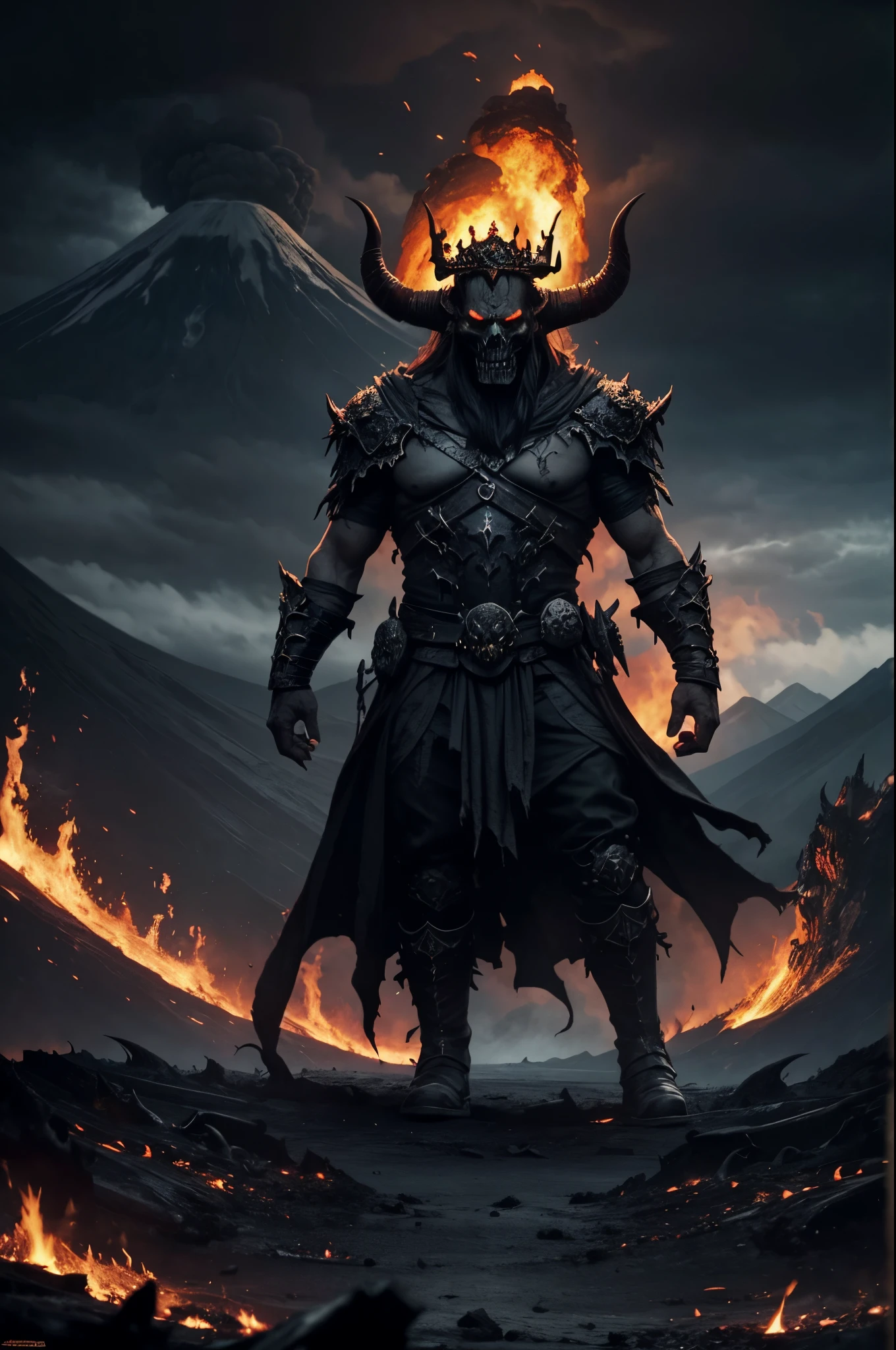 angry demon skull with a crown, fangs, horns, very dark clouds, erupting volcano far back, front view, extremely realistic, full body shot, fantastical, imaginative, visually rich, zoomed, dark ambience, fire in the back, battleground, dark background, night, end of the world.
