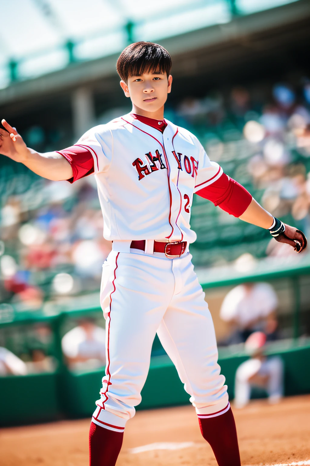 (masterpiece, best quality ), 1man, muscular, short hair, brown eyes, intricate, baseball field , full body, white baseball uniform, open red jacket, vivid colors,(depth of field:1.4),(abs), holding a basebat, dynamic pose, dappled sunlight,
