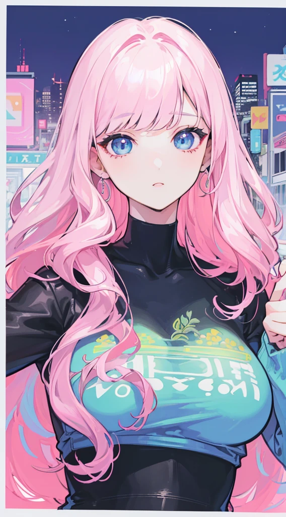 (masterpiece, best quality), beautifulature woman, printed cropped turtleneck shirt, wavy hair, asymmetrical bangs, perfect face, beautiful face, alluring, big gorgeous eyes, soft smile, perfect slim fit body, city streets, (outdoor), seoul, bright colors, (risograph)