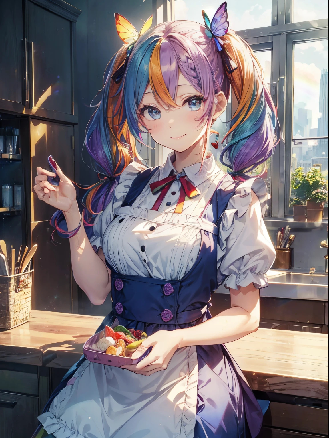 Bento、lunch boxes（Put it on your desk）、Kitchen Island, Large windows with a view of the cityscape、kitchin_Apron,(masutepiece:1.3), (8K, Photorealistic, Raw photo, Best Quality: 1.4), Beautiful face, (Realistic face), Beautiful detailed eyes, (Realistic skin), Attractive, Intricate details,Golden ratio,  1 girl,A smile, (rainbow hair:1.4),((Long twintails,Ribbon 1.4)),pinafore（blue butterfly apron dress）,(Blue butterfly hair ornament),Intricate details, Hyper realistic, Perfect ???????、A smile、Smiling、Face enhancement、Hands are down