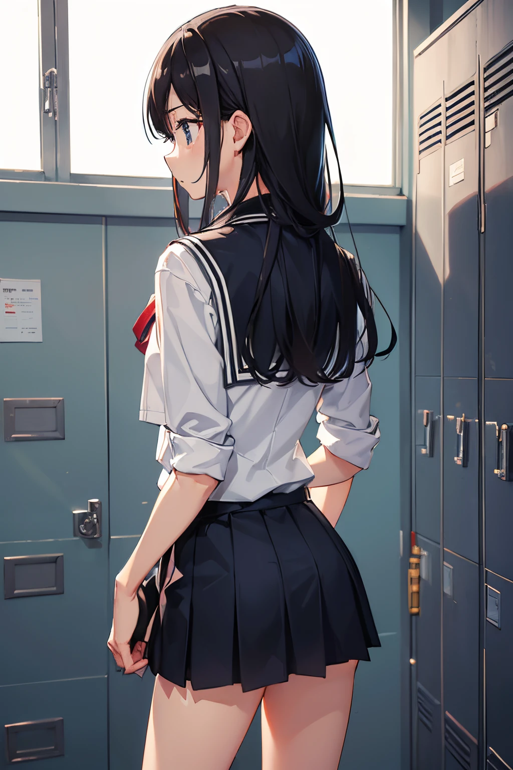 masutepiece,Best Quality,超A high resolution, 8K,Professional Lighting, Photon mapping, Teleportion, analogue, handdraw, Anime Face, NSFW, 1 girl in, Solo、 High school students, (seminude:1.2), School uniform, White socks, all-fours、Butt close-up:1.8、((Locker Room)), (flat chest:1.2)、((Looking away:1.8))