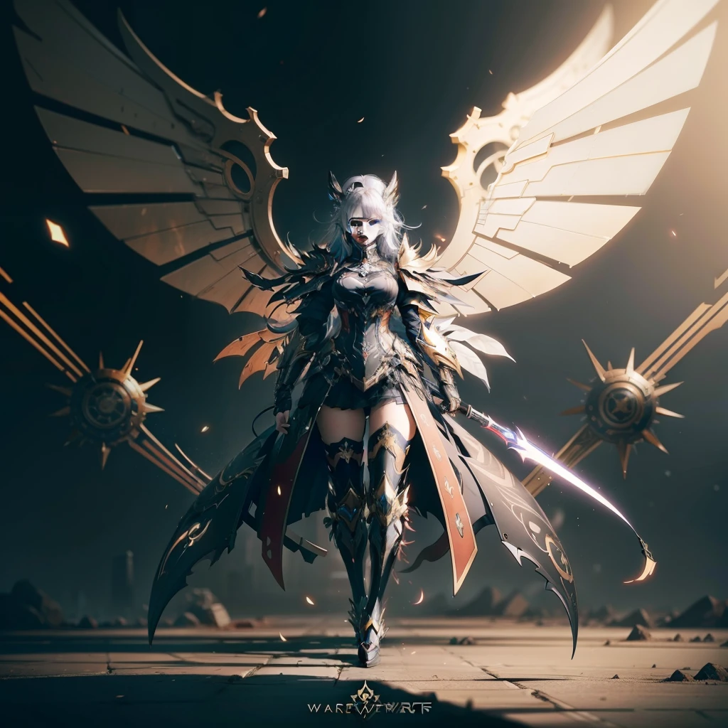 Anime character with clock on background, best anime 4k konachan wallpaper, warframe art, Detailed key anime art, Exquisite War Frame Fan Art, 8k hd wallpaperjpeg artifact, 8 k hd wallpaperjpeg artifact, anime epic artwork, high detailed official artwork, Anime Mecha Aesthetics, covered in full silver armor, Detailed War Frame Fan Art、(Huge mechanical wings)、