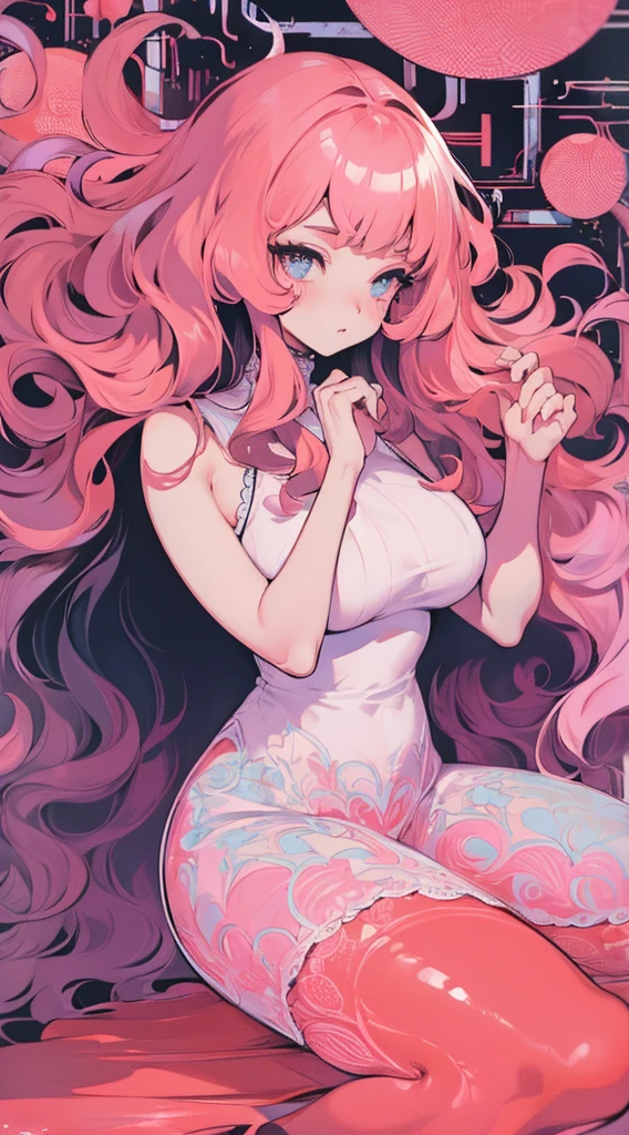 Long cascade red hair, emarald green eyes, plump pink lips, doll like, seductive, and slender, extremely feminine, round breasts, sweet looking, cute pink clothes
