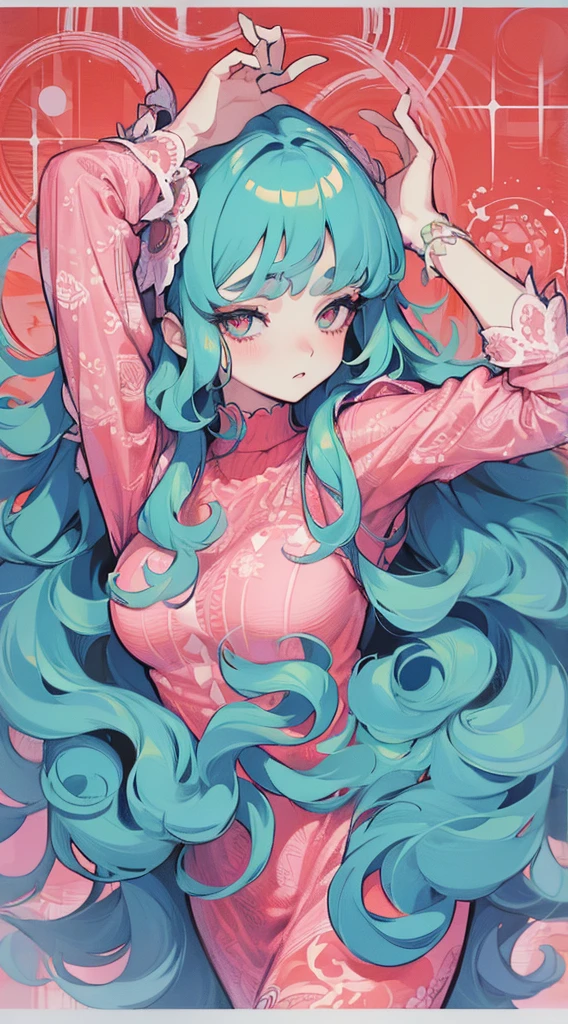 (masterpiece, best quality), beautiful woman, wavy hair, assymetrical bangs, lace lingerie, perfect face, beautiful face, alluring, big gorgeous eyes, medium breasts, soft smile, blush, perfect slim fit body, bright colors, (risograph), very long hair, long hair