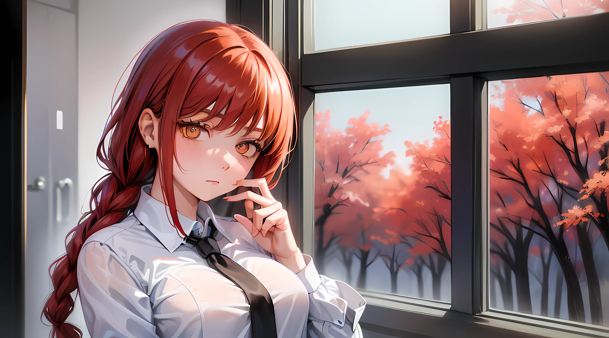 (tmasterpiece, beste-Qualit:1.2), 独奏, a 1girl, makima, expressionless, closed mouth, looking a viewer, redhead hair, braided ponytail, ringed eyes, formal, a lot of sperm, sperm, shirt with collar, black necktie, wide thighs, Erotica, steam, thongs