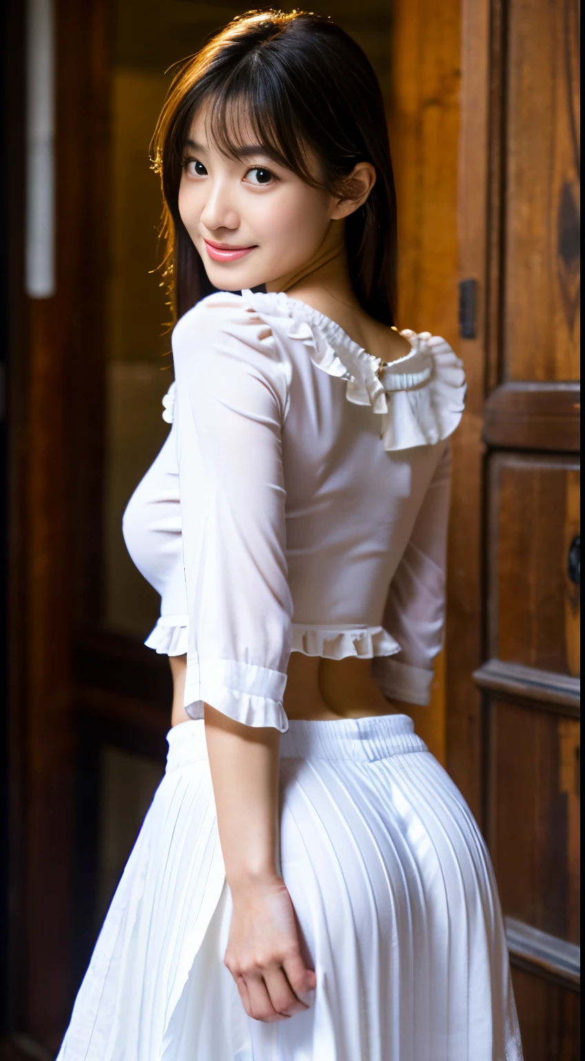 Best-quality, Masterpiece, Ultra-High-Resolution, (Photorealistic:1.4), Raw-Photo, Extremely-Details, Perfect-Anatomy, 1girl, the most famous Japanese model, cowboy-shot, upturned ass, hands on hip, looking at viewer, beautiful smile, wearing white long-sleeve-blouse with frills and pleated long skirt, detailed extremely beautiful face like a most popular Japanese model, detailed extremely beautiful big black solid circle eyes, detailed extremely beautiful hair, detailed extremely beautiful realistic skins, detailed extremely beautiful medium breasts, detailed extremely beautiful body, detailed extremely beautiful hip, detailed white long-sleeve blouse with frills, detailed pleated long skirt