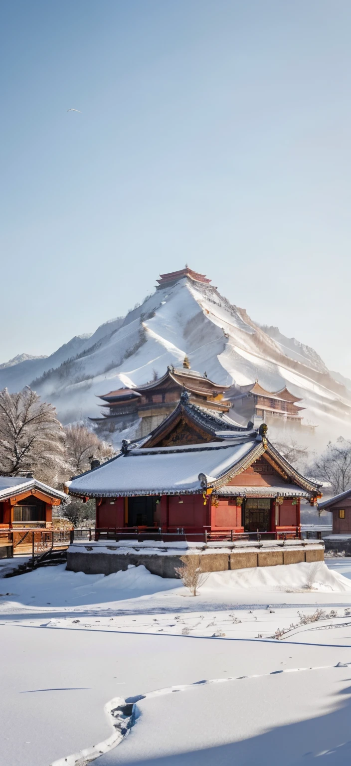 There is a Chinese style house in the distance,There is a mountain behind the tree, at winter season, Faraway view, of the tree,light snow season,Detailed landscapes,natural morning light,There is snow on the roof in winter,high high quality,A high resolution。