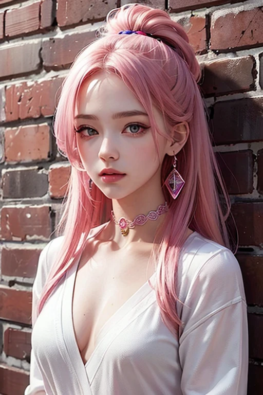(masterpiece, best quality, 1girl, solo, intricate details, chromatic aberration), realistic, ((medium breath)),long hair, pink hair, red head ornament, pink highlights, hair over one eye,purple eyes, earrings, sharp eyes, choker, neon shirt, open jacket, crop turtleneck sweater,open waist,(perfect symmetrical body),against wall, brick wall, graffiti, dim lighting, alley ,look at viewer