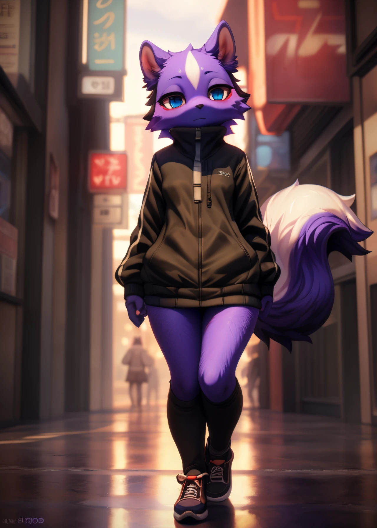 uploaded on e621, (by Whooo-Ya, by Sskomu \(artist\), by Kakure Eria),
solo female (cute purple skunk girl, blue eyes, Shikabane, a single small cute purple squirrel tail), slender petite body, thigh high socks,
(wear black jacket, ), (small breasts), black converse shoes,
((detailed fluffy fur)), (looking at viewer, full body shot, three-quarter view),
BREAK,
((Walking at city street on sunset day)), ( fog, mist, urban business street),
(detailed background, depth of field, half body shadow, sunlight, ambient light on the body),
(masterpiece, best quality, ultra realistic, 4k, 2k, (high detail:1.3),
(3d \(artwork\):1.2), blender \(software\), (soft focus:1.2), ray tracing, (unreal engine:1.3), absurd res)