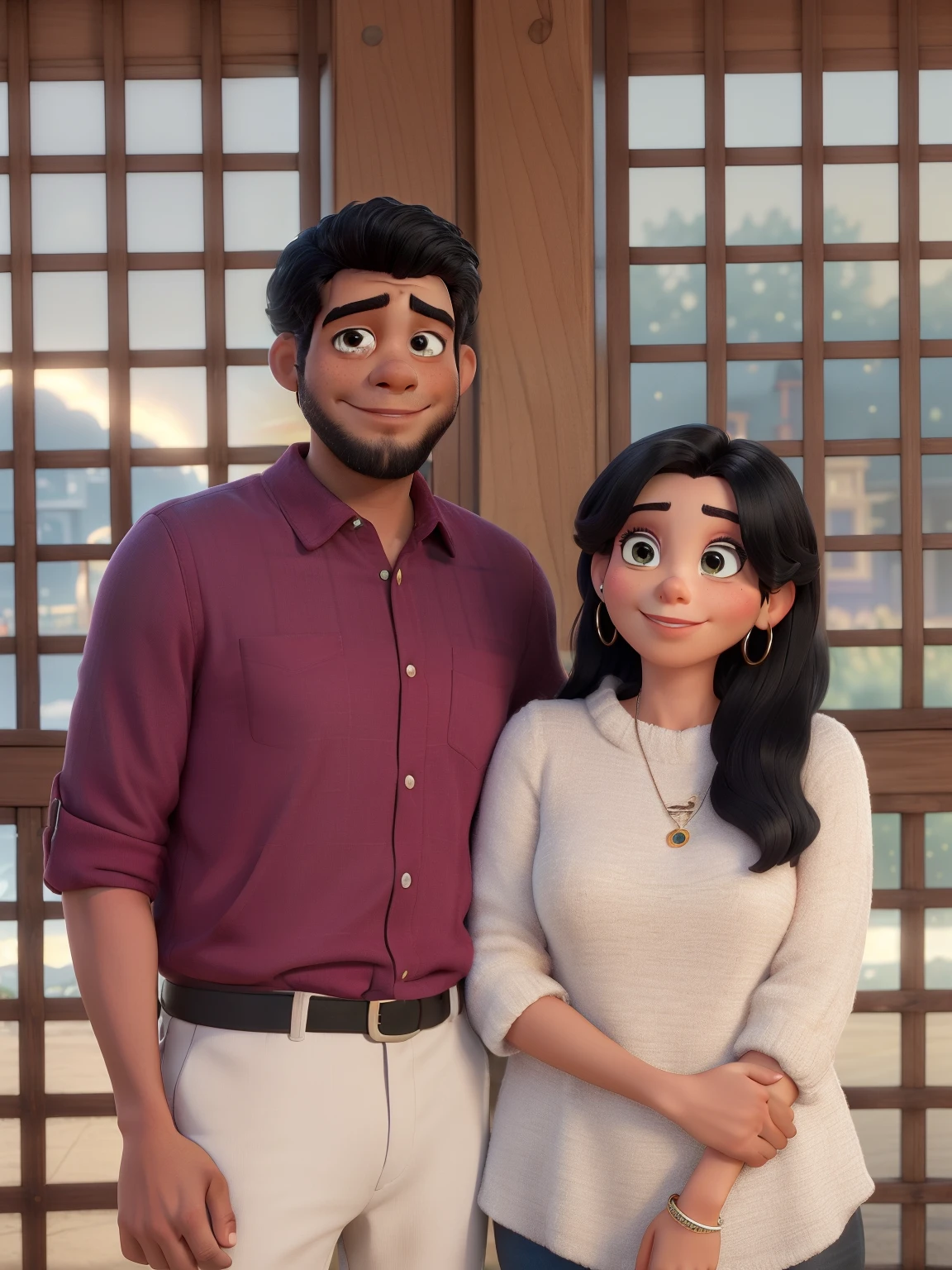 they are posing for a picture in a crowded area with people, leaked photo, leaked image, lovely couple, with sunset, 8k selfie photograph, friends 90 tv show, cartoon, perfect eyes, perfect color disney pixar, realistic, perfect color disney pixar, realistic, ultra sharp, 8k, black hair woman, black hair man, afternoon vibes, studio light