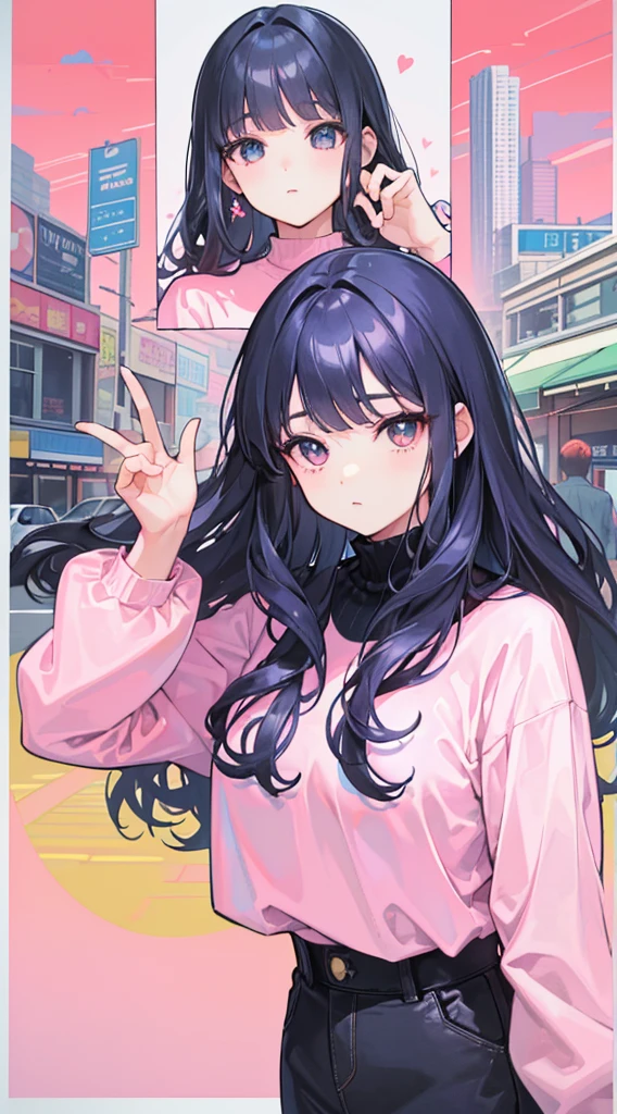 (masterpiece, best quality), beautifulature woman, wavy hair, printed cropped turtleneck shirt, wavy hair, asymmetrical bangs, medium breast, perfect face, beautiful face, alluring, big gorgeous eyes, soft smile, perfect slim fit body, city streets, (outdoor), seoul, bright colors, (risograph)