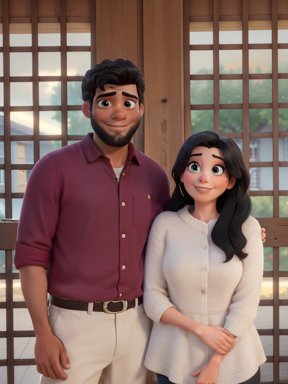 they are posing for a picture in a crowded area with people, leaked photo, leaked image, lovely couple, with sunset, 8k selfie photograph, friends 90 tv show, cartoon, perfect eyes, perfect color disney pixar, realistic, perfect color disney pixar, realistic, ultra sharp, 8k, black hair woman, black hair man, afternoon vibes, studio light