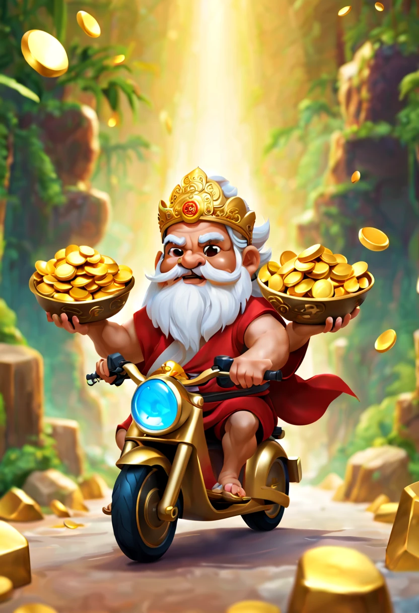 Cartoon cute god of wealth,Riding an electric bike,Gold ingots in hand,clean backdrop,Background full of treasures