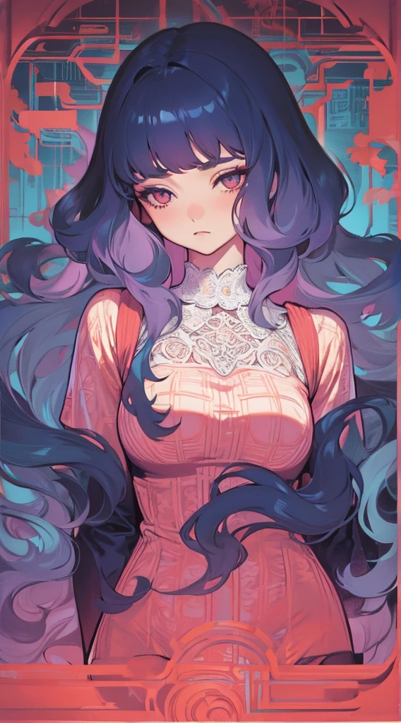 (masterpiece, best quality), beautiful woman, wavy hair, assymetrical bangs, lace lingerie, perfect face, beautiful face, alluring, big gorgeous eyes, medium breasts, soft smile, blush, perfect slim fit body, cool colors, (risograph), very long hair, long hair