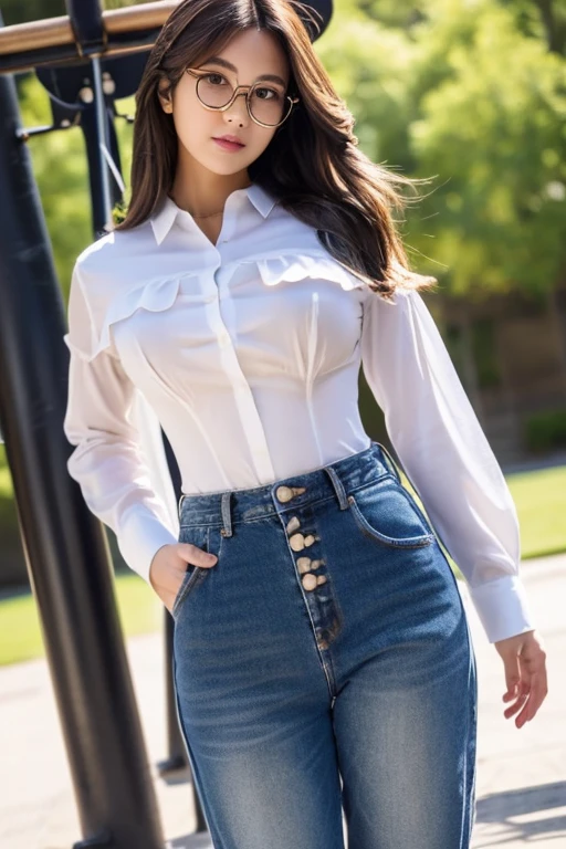 ((top-quality、8K、tmasterpiece：1.3))、Twenty years old、Long gray hair、Focus Clear：1.2、Beautiful woman with perfect style：1.4、Slim abs：1.2、((dark brown  hair、Colossal tits：1.2))、(White button-down long shirt:1.1)、School playground:1.2、Highly Detailed Face and Skin Textur、詳細な目、二重まぶた、camel top、wears glasses、denim pant、The same person