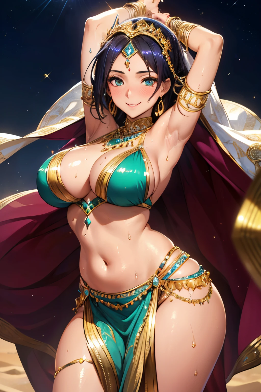 (High quality, High resolution, Fine details), Realistic, Arabian dancer, flowing and vibrant movements, intricate costume and jewelry, set against a mesmerizing desert backdrop, dynamic lighting, ethereal atmosphere, graceful and fluid choreography, solo, Curvy women, sparkling eyes, (Detailed eyes), (smile), blush, (Sweat), (Oily skin), Shallow depth of field