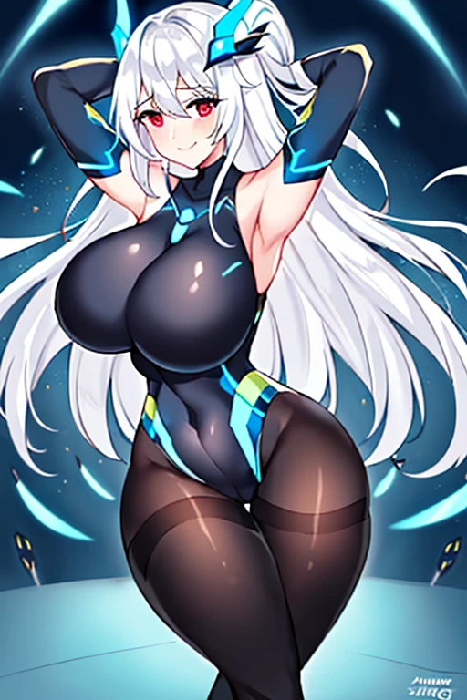 1girl, white hair, large breasts, breasts, thick thighs, wide hips, red eyes, bodysuit, black bodysuit, pantyhose, long hair, light smile, happy, science-fiction, tech, futuristic, black pantyhose, thighhighs, neon, machinery, hair ornament, ornament, neon trim, anime style, 2d, anime screencap, shoulder armor, blue neon trim, hip sway, swaying hips, bouncing breasts, arms behind back, hands behind head, arms behind head, arms up, me!me!me dance \(meme\), dancing, dance, hourglass figure