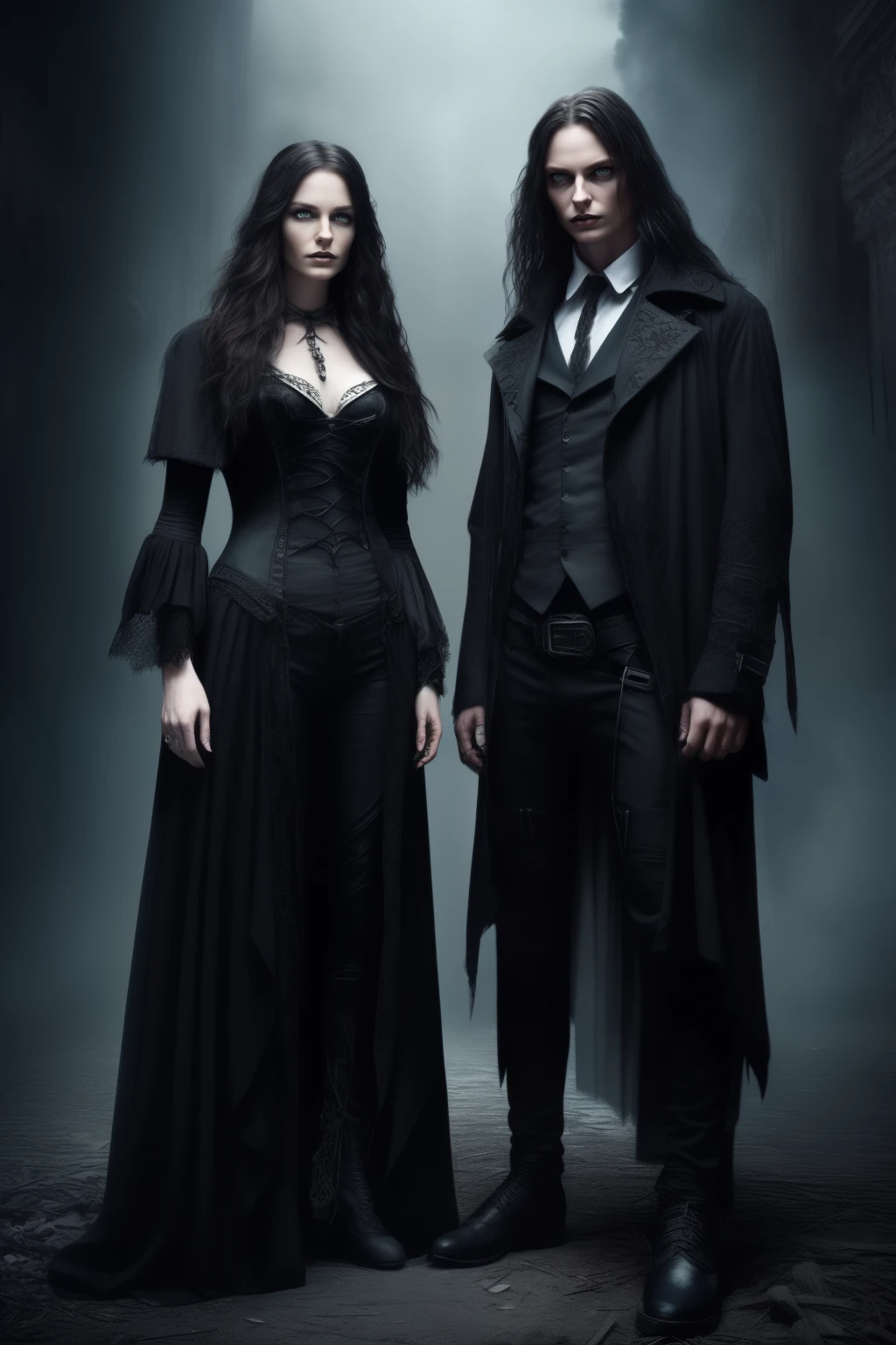 Depiction of both Jekyll( male 30 years old, dark mid length hair) and Hyde(female 30 years old, dark blond long hair, blue eyes), beautiful, standing next to each other, gothic style, dystopian, masterpiece, duality of the mind, eerie, hyperdetailed, realistic