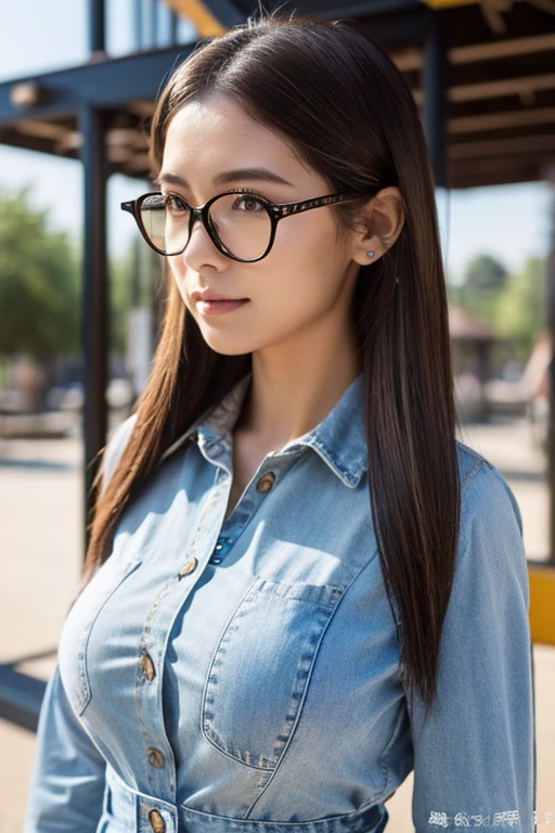 ((top-quality、8K、tmasterpiece：1.3))、Twenty years old、Long gray hair、Focus Clear：1.2、Beautiful woman with perfect style：1.4、Slim abs：1.2、((dark brown  hair、Colossal tits：1.2))、(White button-down long shirt:1.1)、School playground:1.2、Highly Detailed Face and Skin Textur、詳細な目、二重まぶた、camel top、wears glasses、denim pant、The same person