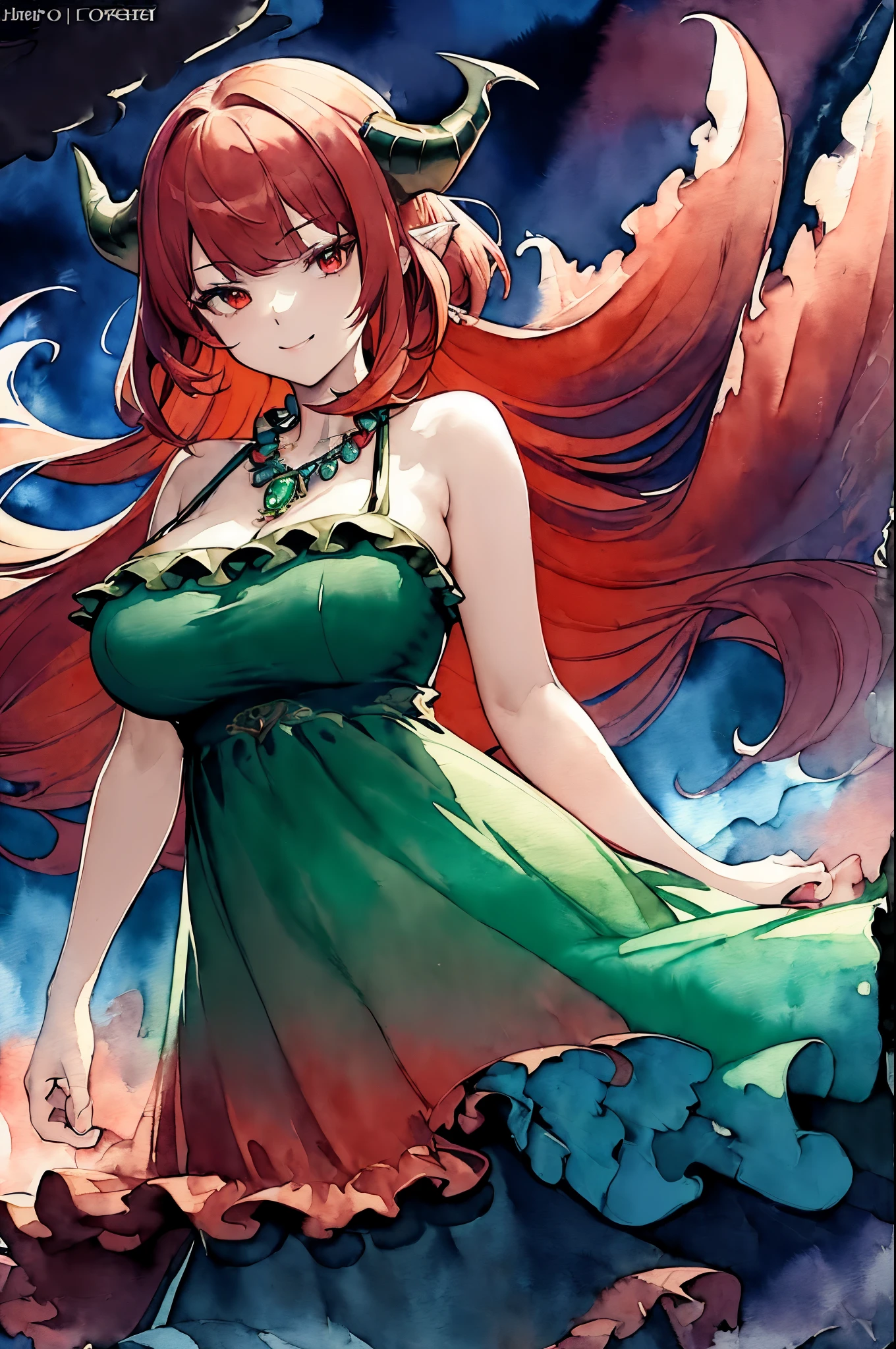 ((Masterpiece)), (Best Quality), ((Super Detail)), (((((watercolor speedpaint Illustration))))), ((Very Delicate and Beautiful)), ((solo)), Dynamic Angle, Looking at viewer, anime moe artstyle, (enigmatic and cunning), ((Crimson red eyes)), ((Deep evergreen forest green hair)), (bob cut hair), ((Twin pitch black demon horns)), (otherworldly), exceptionally beautiful, ((plump)), big breasts, (curvy), ((voluptuous)), (ethereal spirit), ((velvet green dress), (flowing ruffled dress), (Dress with blazing red trim), (gorgeous intricate Blue necklace jewelry), (predatory smile), (high quality), volumetric lighting, ((spiritual plane)), ((((ethereal background))))