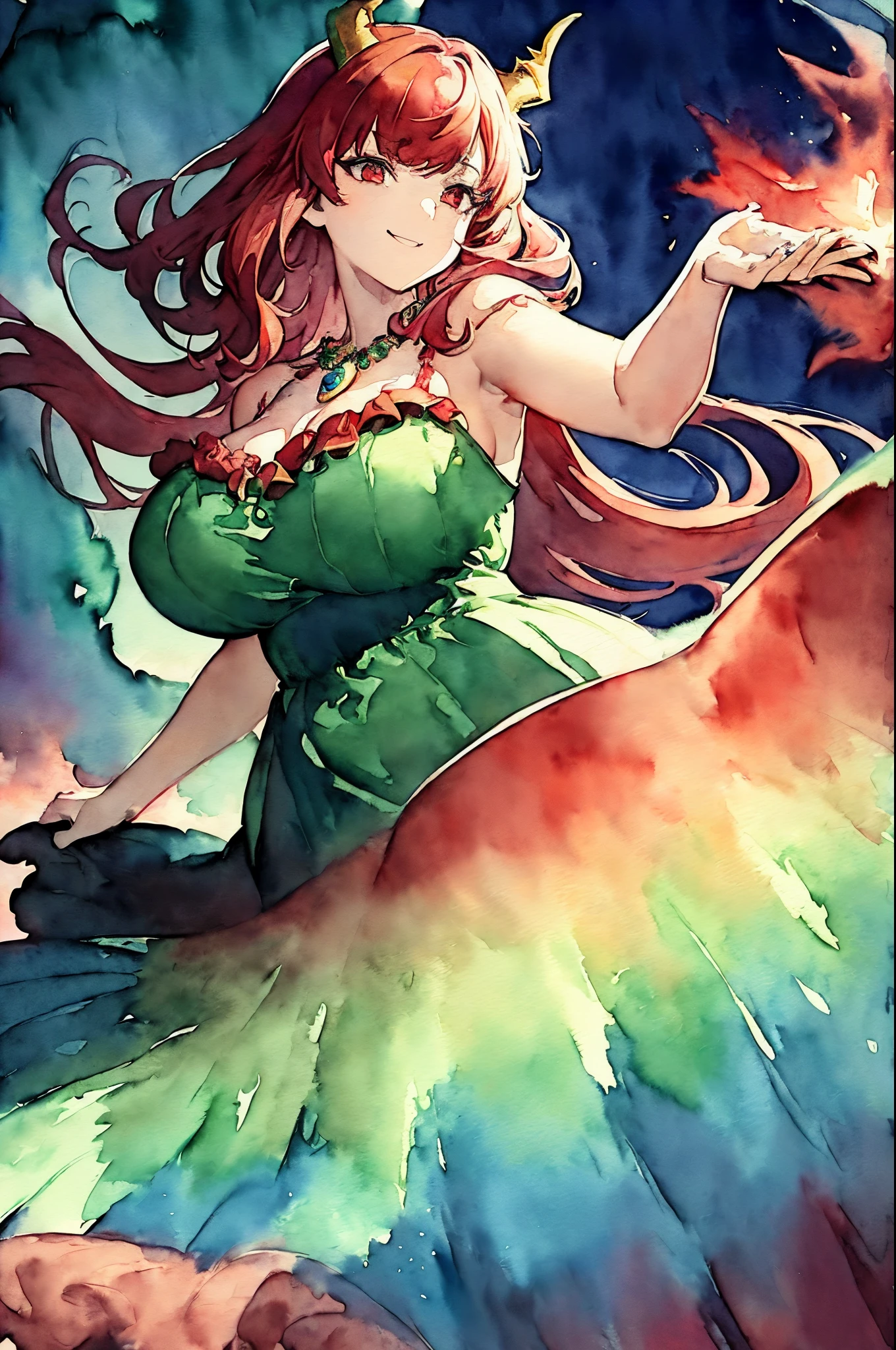 ((Masterpiece)), (Best Quality), ((Super Detail)), (((((watercolor speedpaint Illustration))))), ((Very Delicate and Beautiful)), ((solo)), Dynamic Angle, Looking at viewer, anime moe artstyle, (enigmatic and cunning), ((Crimson red eyes)), ((Deep evergreen forest green hair)), (bob cut hair), ((Twin pitch black demon horns)), (otherworldly), exceptionally beautiful, ((plump)), big breasts, (curvy), ((voluptuous)), (ethereal spirit), ((velvet green dress), (flowing ruffled dress), (Dress with blazing red trim), (gorgeous intricate Blue necklace jewelry), (predatory smile), (high quality), volumetric lighting, ((spiritual plane)), ((((ethereal background))))