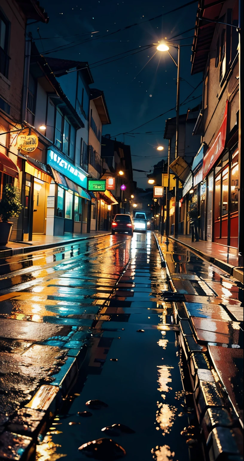 best quality, master part, Realistic, fotorrealista, faxada de um bar, dia chuvoso, rua molhada, small puddles of water reflecting the street light , faxada do bar escrito em neon "BOTTECO", rua sem movimento de pessoas, , postes com luzes , ambiente na cor violeta, rua levemente molhada, dia nublado, Noite, Luz, chuva,