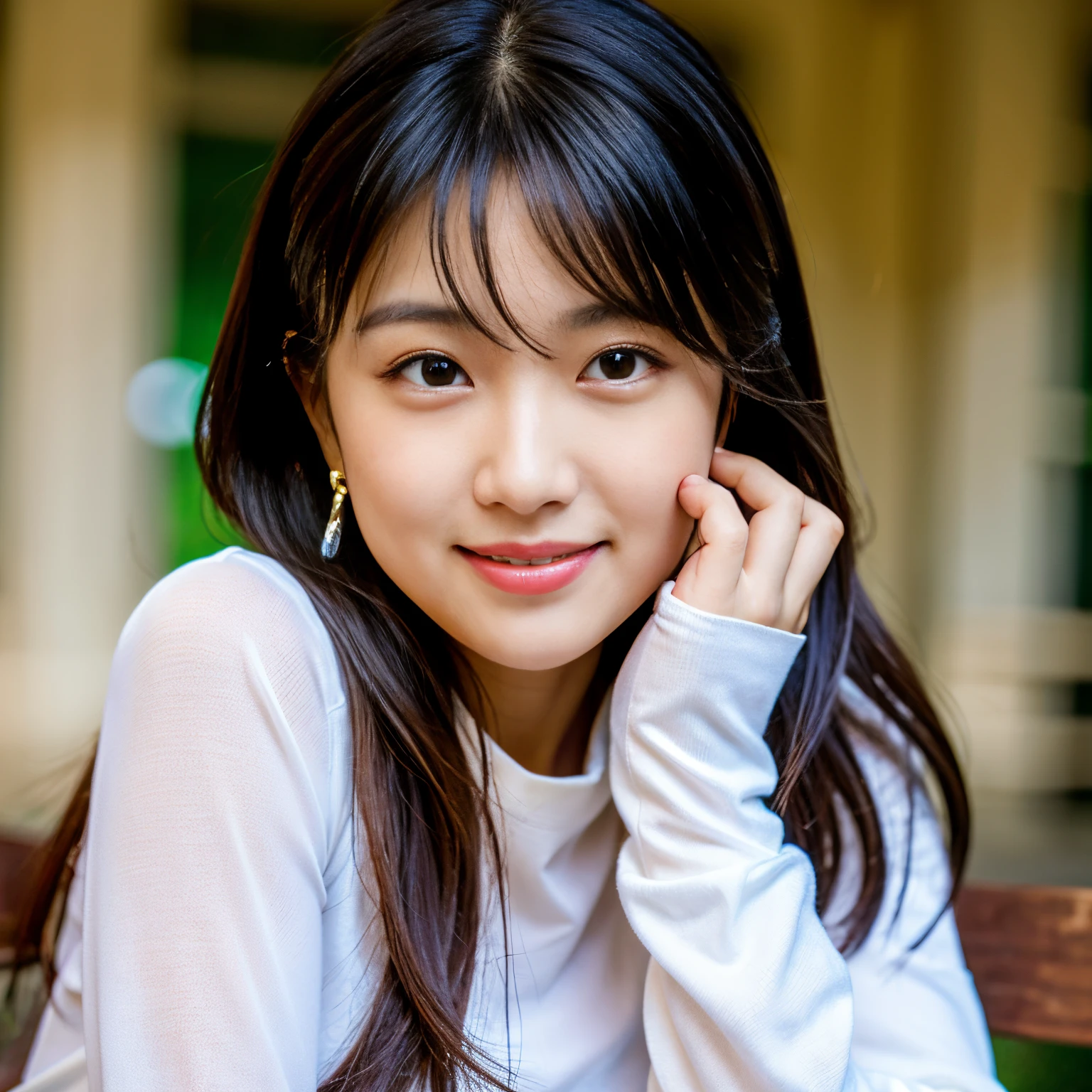 Best-quality, Masterpiece, Ultra-High-Resolution, (Photorealistic:1.4), Raw-Photo, Extremely-Details, Perfect-Anatomy, 1girl, the most famous Japanese model, portrait, hands on hip, looking at viewer, beautiful smile, wearing white long-sleeve-blouse with frills, detailed extremely beautiful face like a most popular Japanese model, detailed extremely beautiful big black solid circle eyes, detailed extremely beautiful hair, detailed extremely beautiful realistic skins, detailed extremely beautiful medium breasts, detailed white long-sleeve blouse with frills