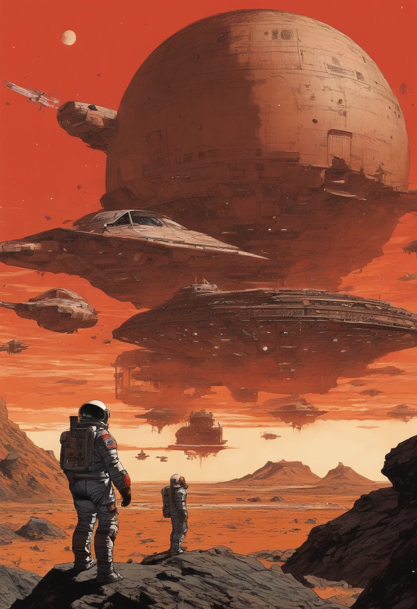spaceships、Katsuhiro Otomo's painting style、Desolate stars、Red burnt sky、Destroyed buildings、Man looking for a spacesuit、Giant Fighter