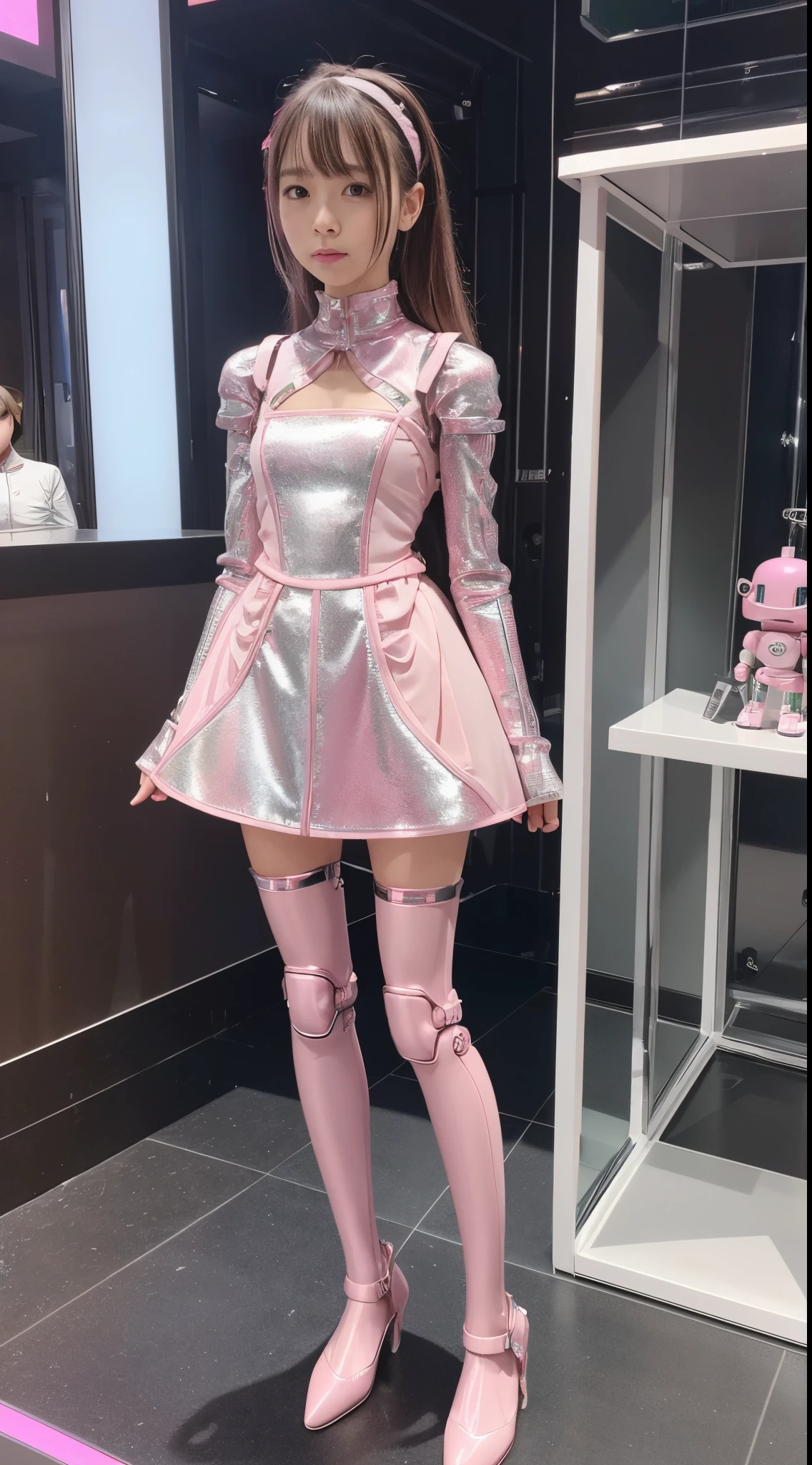 Robot Girl, pink there, Silver, Metallic body, Robot Parts, Metal Parts, Super Detailed Face, Super well-formed face, of the highest quality, a small face, a small head, Brown hair, Slender body, Camera gaze, Internal Mechanical Exposure, Idol, front facing, Well-proportioned body, sale, exhibition, Event Hall, Moe Pose, sleeve less pink metallic maid Dress Machine Armor, Standing with legs open, Model body type, sad, Embarrassing,(Perfect Robot Girl),(Perfect machine body)