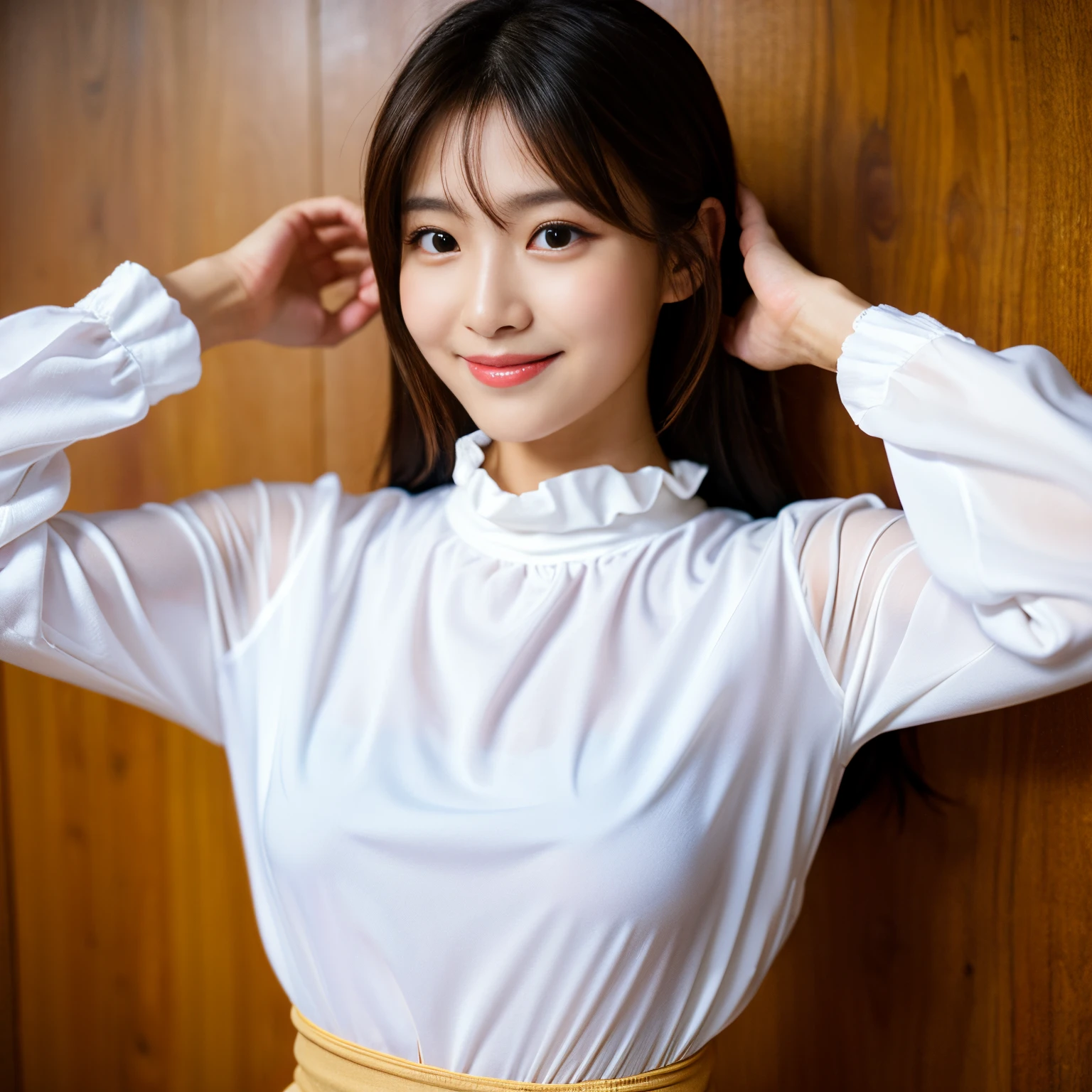 Best-quality, Masterpiece, Ultra-High-Resolution, (Photorealistic:1.4), Raw-Photo, Extremely-Details, Perfect-Anatomy, 1girl, the most famous Japanese model, portrait, hands on hip, looking at viewer, beautiful smile, wearing white long-sleeve-blouse with frills, detailed extremely beautiful face like a most popular Japanese model, detailed extremely beautiful big black solid circle eyes, detailed extremely beautiful hair, detailed extremely beautiful realistic skins, detailed extremely beautiful medium breasts, detailed white long-sleeve blouse with frills