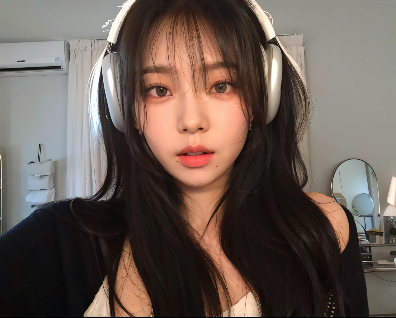 Mujer arafed con auriculares en un dormitorio, Chica coreana, Joven y adorable rostro coreano, ulzzang, Hermosa mujer surcoreana, Ella tiene el pelo negro con flequillo, con auriculares, young cute wan asian face, Chica Lofi, Wan adorable cara coreana, Ilya Kuvshinov con cabello largo, chica linda-fina-cara, cabello whitebangs cabello