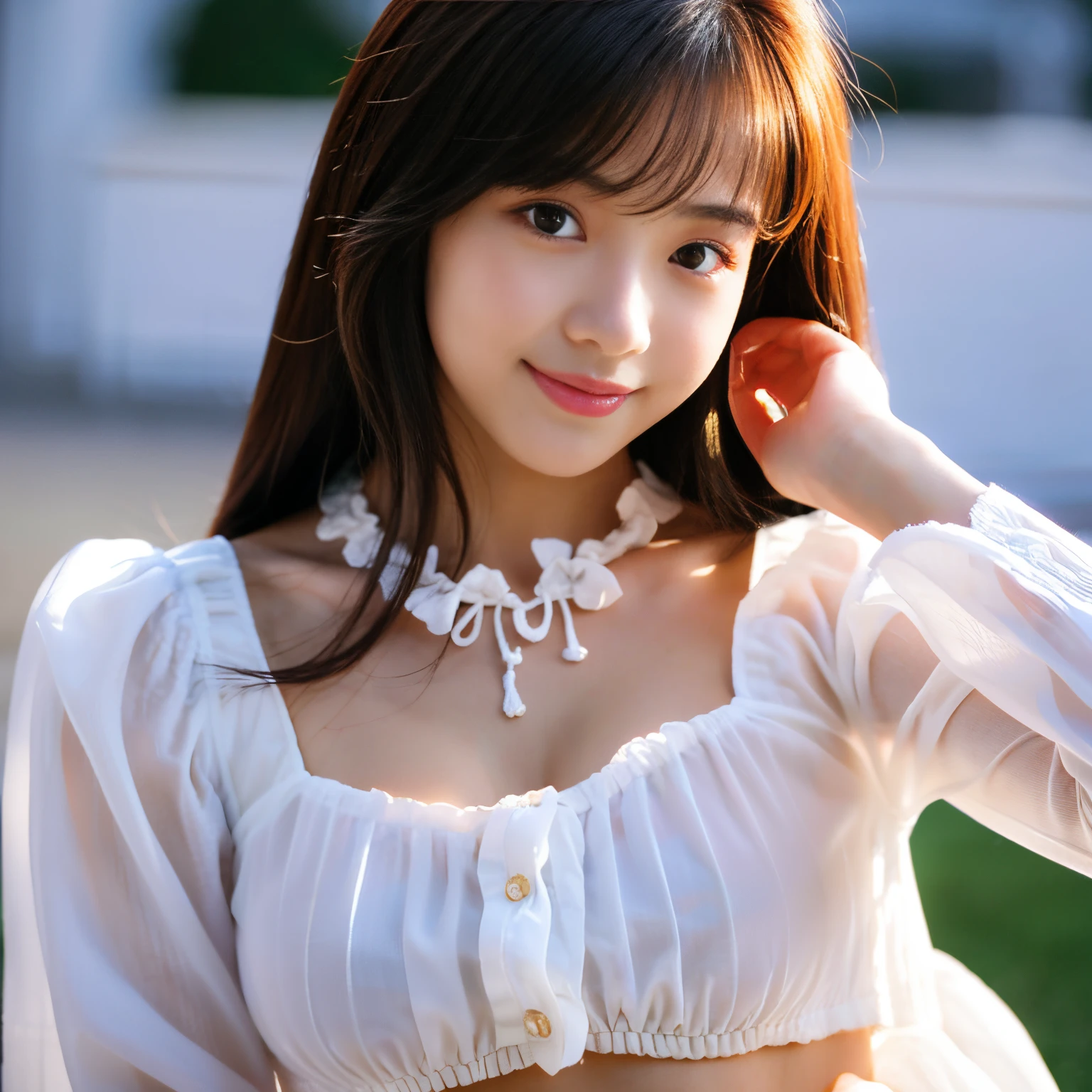 Best-quality, Masterpiece, Ultra-High-Resolution, (Photorealistic:1.4), Raw-Photo, Extremely-Details, Perfect-Anatomy, 1girl, the most famous Japanese model, portrait, hands on hip, looking at viewer, beautiful smile, wearing white long-sleeve-blouse with frills, detailed extremely beautiful face like a most popular Japanese model, detailed extremely beautiful big black solid circle eyes, detailed extremely beautiful hair, detailed extremely beautiful realistic skins, detailed extremely beautiful medium breasts, detailed white long-sleeve blouse with frills