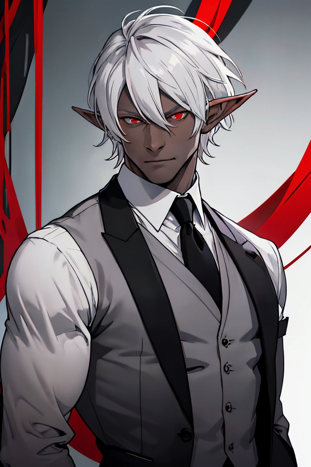 White hair, Mature male, Elf, Butler, grey skin, Muscular, Muscular Male, black shirt, suit vest, dress shirt, red suit jacket, control wires, red eyes, perfect face great quality, high quality, colored skin, grey skin, Drow, dark elf