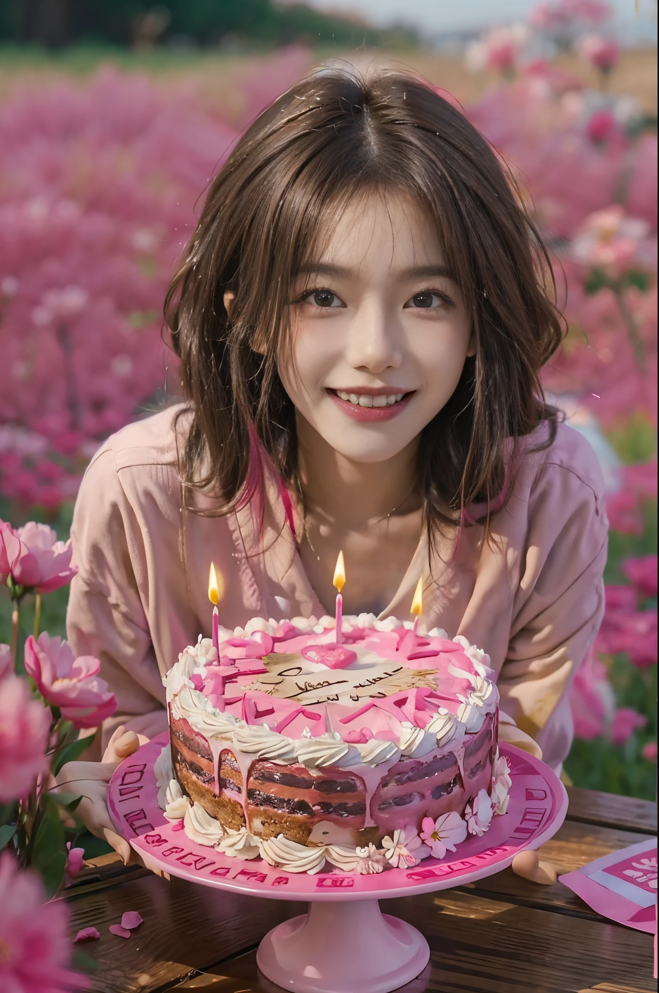 stands in a flowering field、Create an image of a happy 28 year old brunette woman with messy hair。. She smiled、presents a birthday cake to the viewer on the table。, In bright pink color. I'll work on it for you!