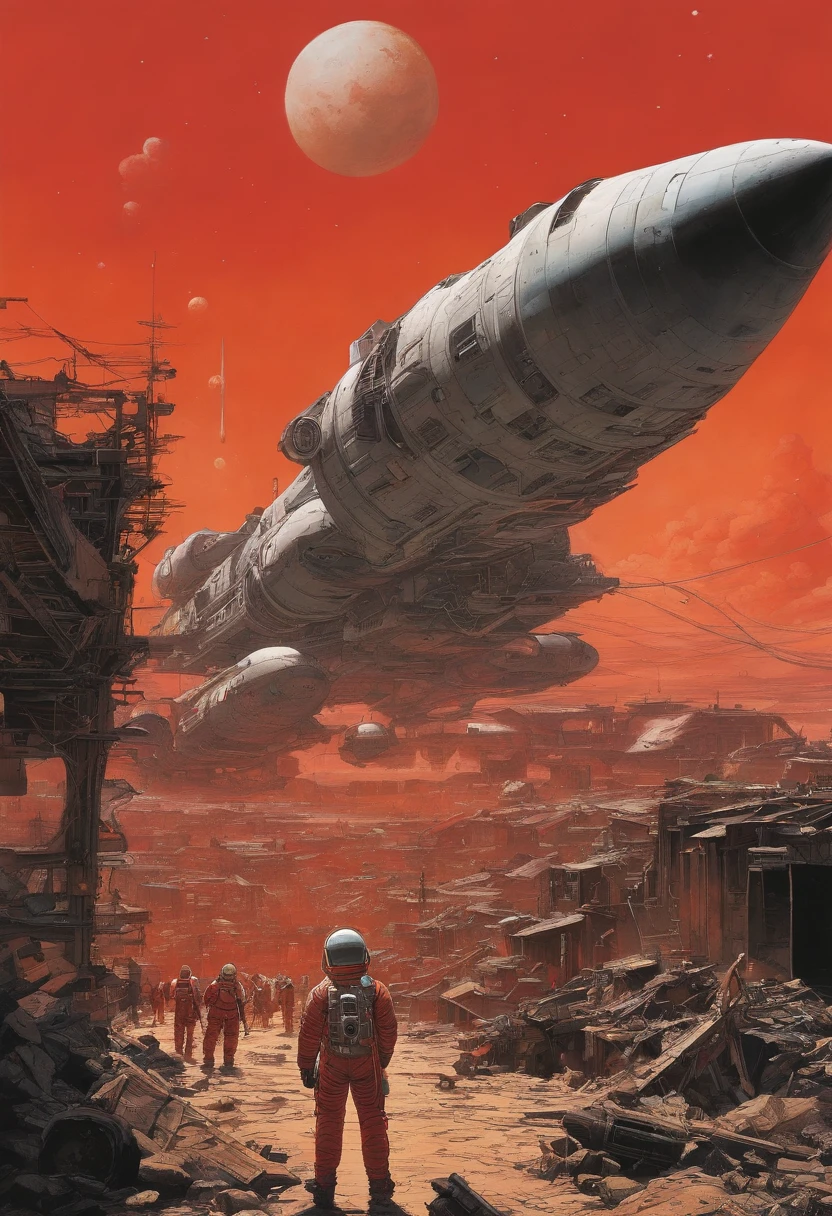 spaceships、Katsuhiro Otomo's painting style、desolate star々、Red burnt sky、Destroyed buildings、man looking for space suit、Giant Fighter