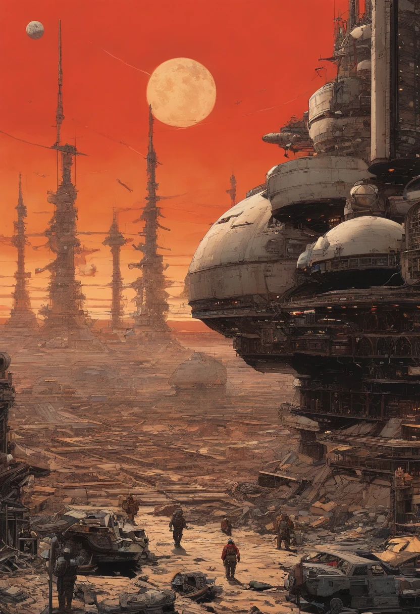 spaceships、Katsuhiro Otomo's painting style、desolate star々、Red burnt sky、Destroyed buildings、man looking for space suit、Giant Fighter