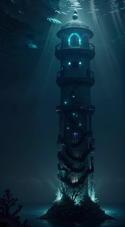 Submerged Coral Tower in the Bioluminescent Abyss:
Biome: Deep within the bioluminescent abyss of the ocean.
Color: Vibrant underwater hues with bioluminescent accents.
Roof: A magically reinforced glass dome showcasing the ocean depths.
Location: Submerged in the darkest depths, surrounded by mystical sea life.
Prompt: "Illustrate the enchanting beauty of a wizard's tower nestled in the bioluminescent abyss. Emphasize the vibrant underwater colors and the magically reinforced glass dome revealing the ocean depths."
