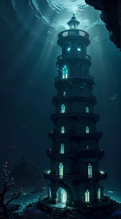 Submerged Coral Tower in the Bioluminescent Abyss:

    Biome: Deep within the bioluminescent abyss of the ocean.
    Color: Vibrant underwater hues with bioluminescent accents.
    Roof: A magically reinforced glass dome showcasing the ocean depths.
    Location: Submerged in the darkest depths, surrounded by mystical sea life.
    Prompt: "Illustrate the enchanting beauty of a wizard's tower nestled in the bioluminescent abyss. Emphasize the vibrant underwater colors and the magically reinforced glass dome revealing the ocean depths."