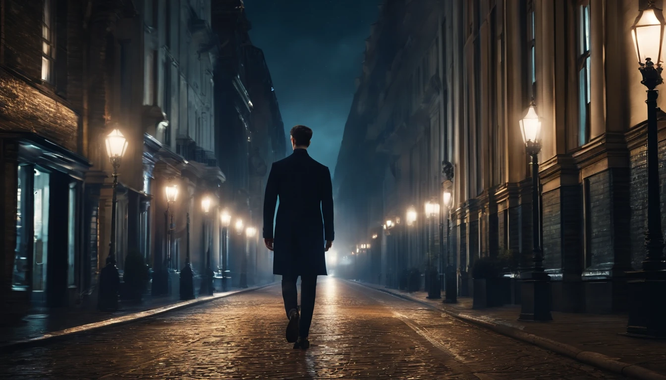 Very beautiful man 3D，Walking in the city late at night，Large depth of field perspective，Dreamism，Vivid effects and details，Excellent picture quality，A high resolution