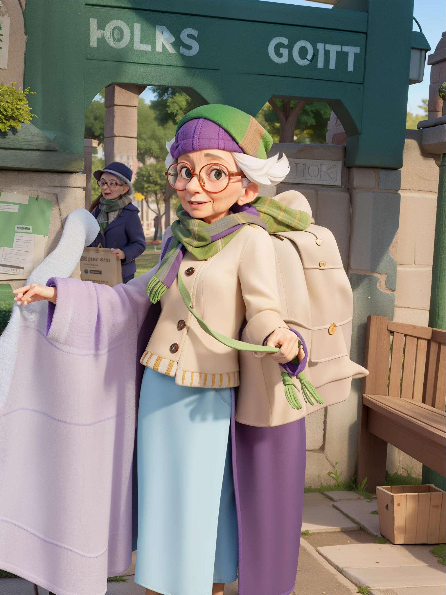 masterpiece, best quality, an old woman with glasses and a scarf on, wearing a purple coat and green scarf, standing at the park
