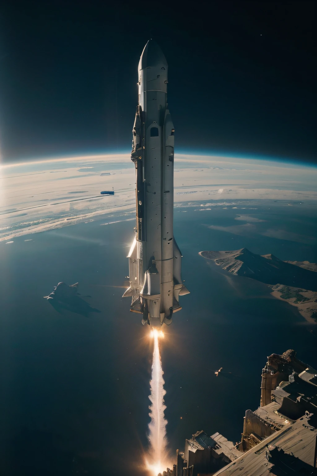 In space, an advanced and high-tech space rocket flies away from the earth, metallic texture, bright picture, different machines, photography master, details of the space rocket, ultra-wide angle, ultra-wide angle, high reality, light and dark