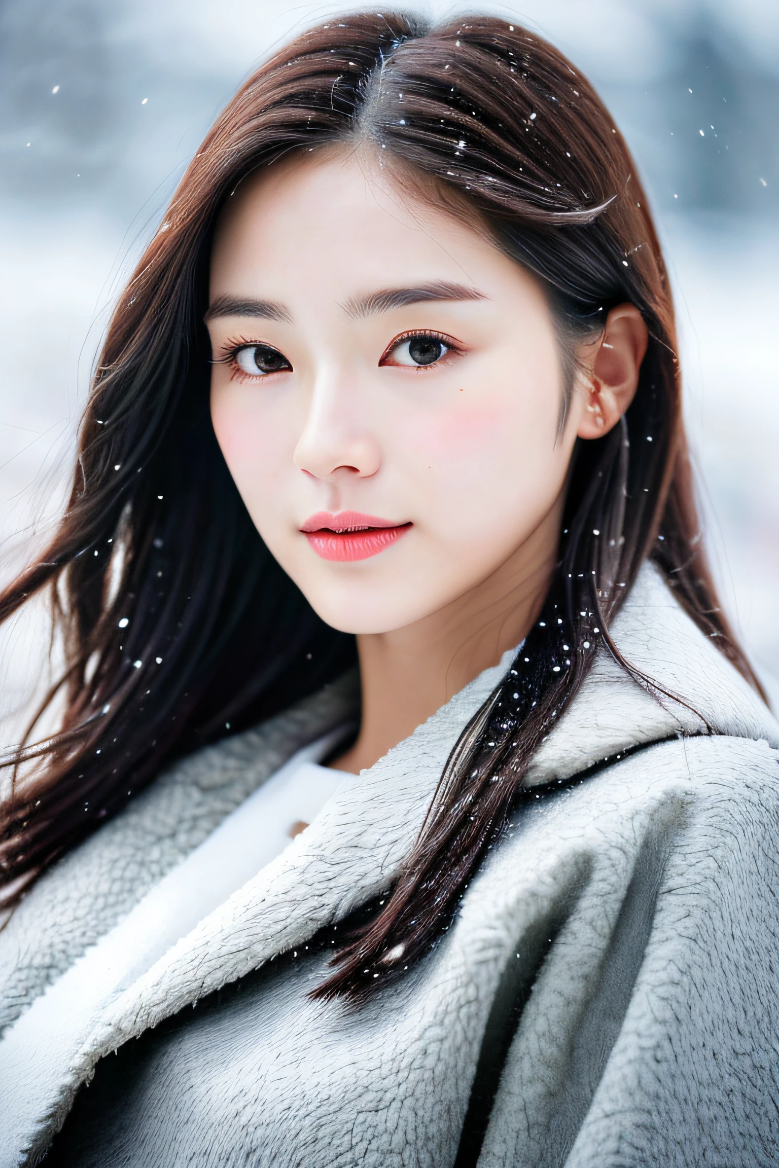 realistic photos of (1 cute Korean star) Shoulder-length hair, thin makeup, medium breasts size, wearing coat, in the snow, clear facial features, 8K high resolution, sharp and realistic details.from outside, Eye-Level Shot, f/4.0, 135mm, Fujifilm, jpeg artifacts, dithering, UHD, masterpiece