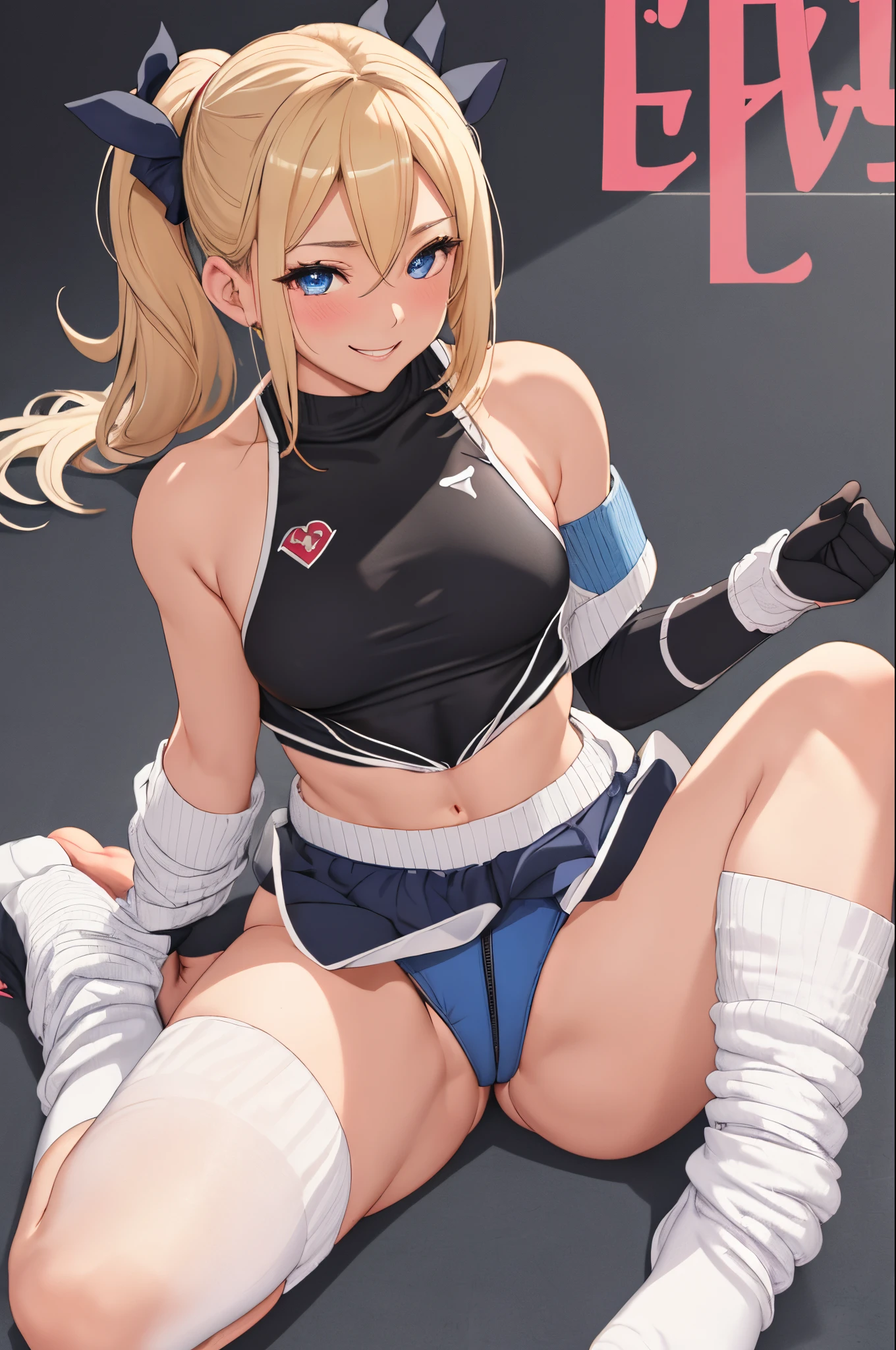 (masterpiece、top-quality)、One lady、skinny limbs、Beautiful whole body、Delicate and slender body、a blond、Blue eyes、Shining eyes、Grinning smile(Move ki)、Sweating、Blush face、poneyTail、in her 20s、shairband、Sportsbra、Aerobics Leotard、body suit、Black spats、black elbow pads、Black Open Finger Gloves、Detailed hand、Detailed feet、Detailed depiction of the feet、White loose socks、Black boots、Background Gym