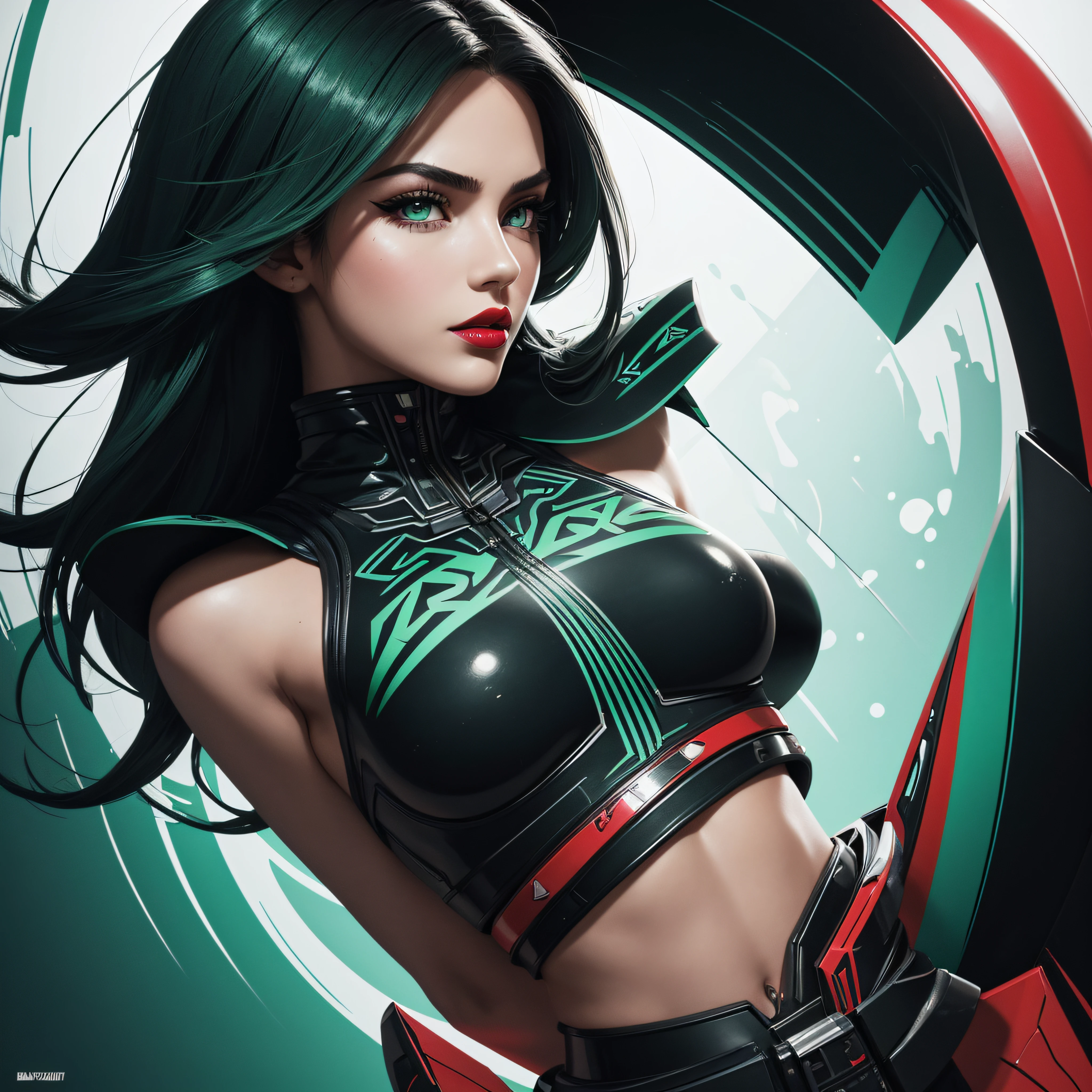 midshot, centered image, ultra detailed illustration of (Jesica Alba :1.1) red lips, green eyes, posing, (tetradic colors), inkpunk, (ink lines:1.1), strong outlines, art by Ray Shark, bold traces, unframed, high contrast, (cel-shaded:1.1), vector, 32k resolution, best quality, flat colors, flat lights