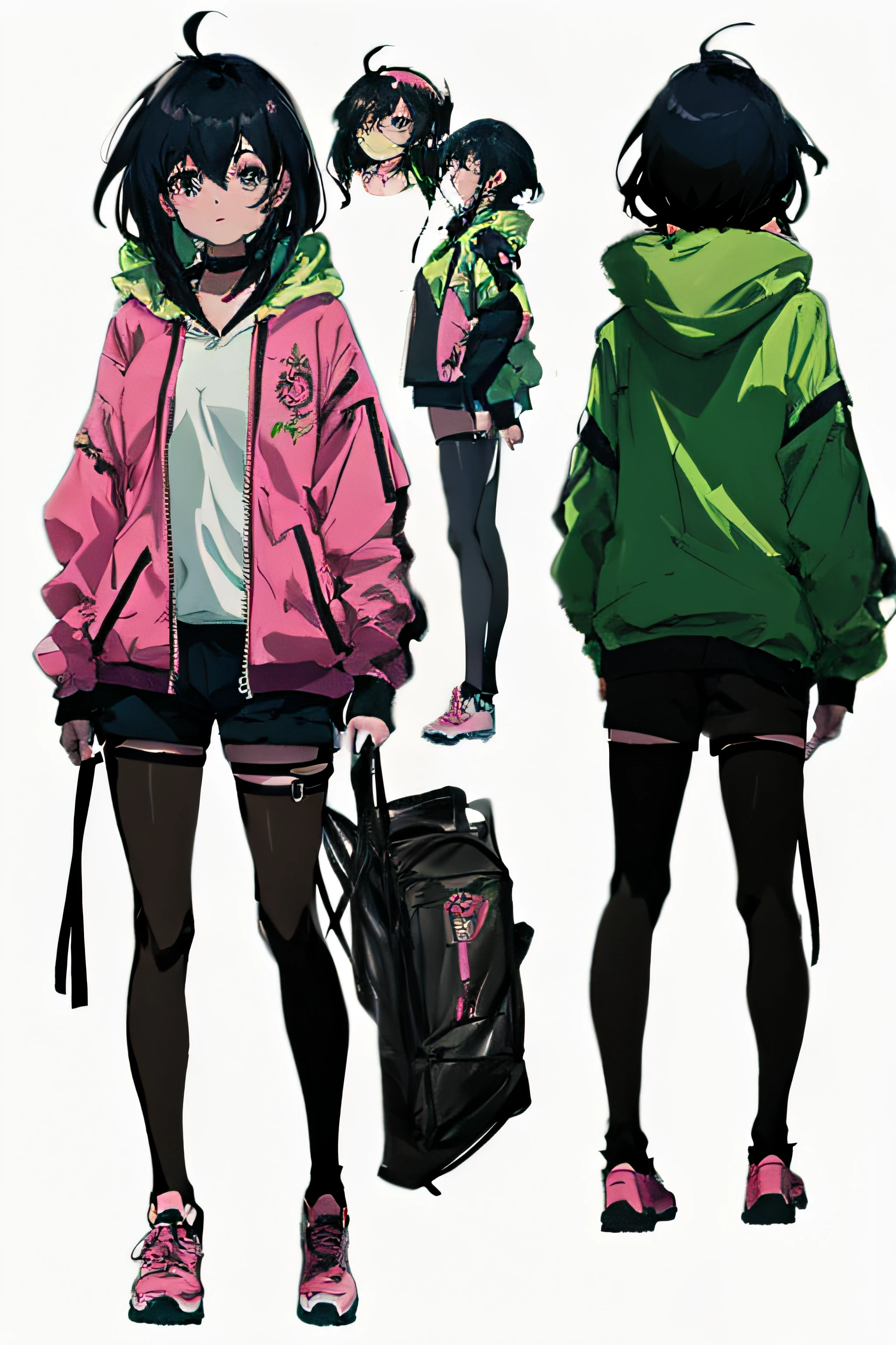 a woman name April in a green and pink jacket and black shorts, anime full body illustration, anime moe artstyle, high quality anime artstyle, full body portrait of a short!, black haired girl wearing hoodie, anime style. 8k, guweiz, cyberpunk anime girl in hoodie, artwork in the style of guweiz, full body!!, single character full body (turnaround character sheet by charTurner:1.1)